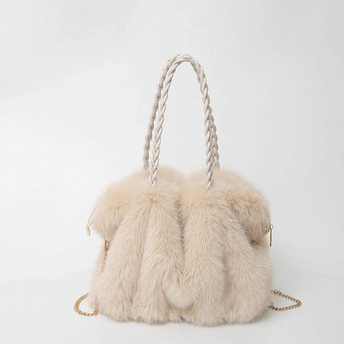 

Women s Fashionable Plush Large Capacity Tote Bag High-end Pleated Fox Fur Shoulder Crossbody Bags Commuter bag with Metal Chain бежевый