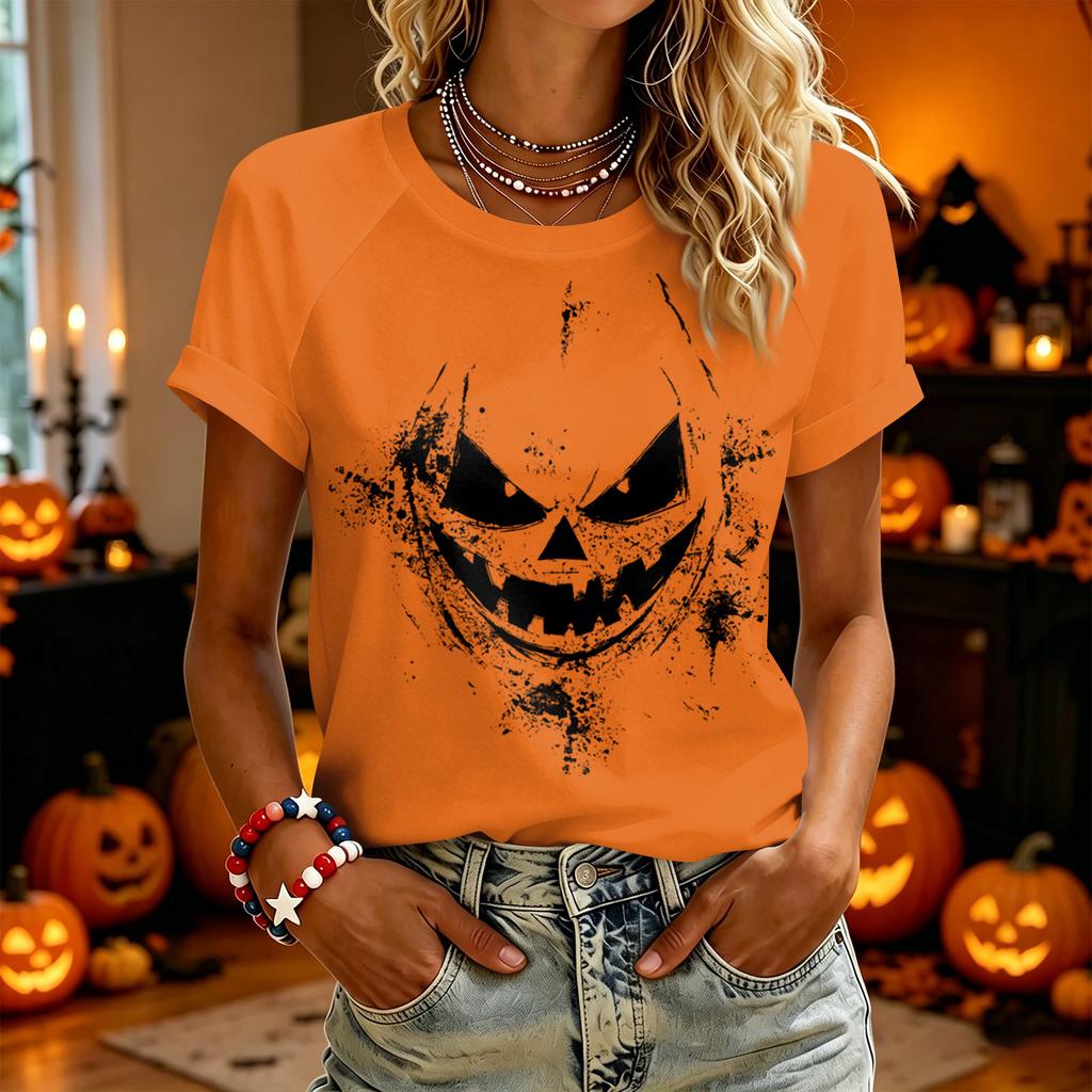 Women Casual Short Sleeve T Shirt Halloween Pumpkin Face Print Crew Neck Lightweight Top for Everyday Wear
