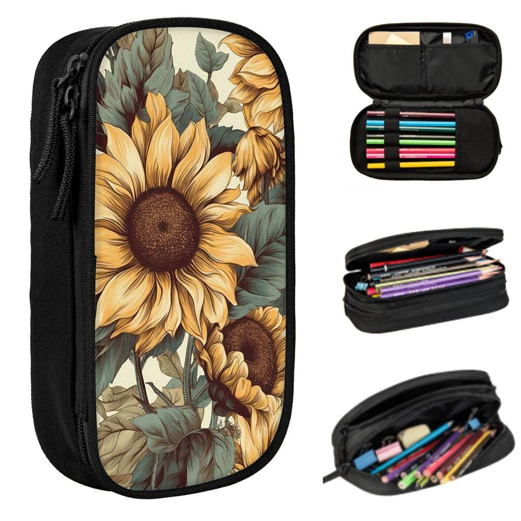 Golden Sunflower Cluster Vintage Botanical Drawing Pencil Case Kids School Pen Box Pencil Bag Stationery Supplies Pen Holder Bag