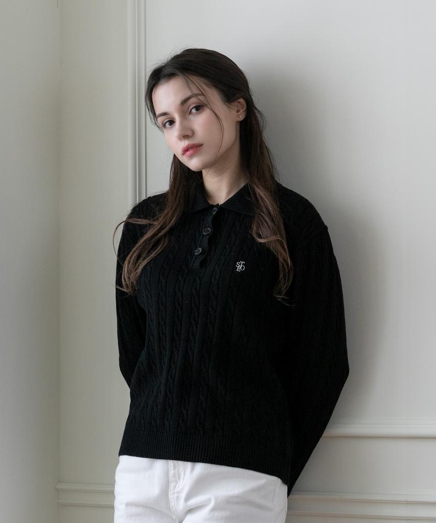 SELITIO Women'S Color Point Cable Collar Knit Black