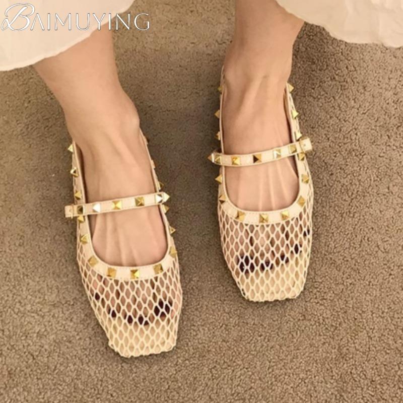Fashion Women Marie Janes Shoes Woman Square Toe Mesh Flat Sandals Summer 2025 Trend Soft Sole Casual Elegant Dress Comfort Zapatillas