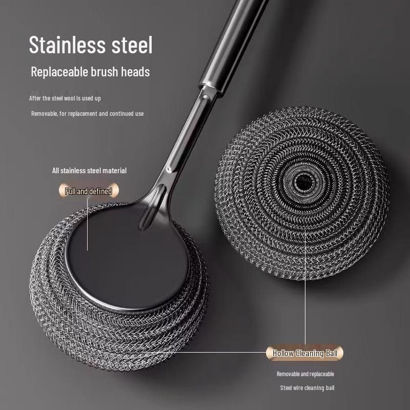 Stainless Steel Wire Dishwashing Brush with Long Handle - Durable, Non-Shedding Pot Scrubber for Kitchen Cleaning