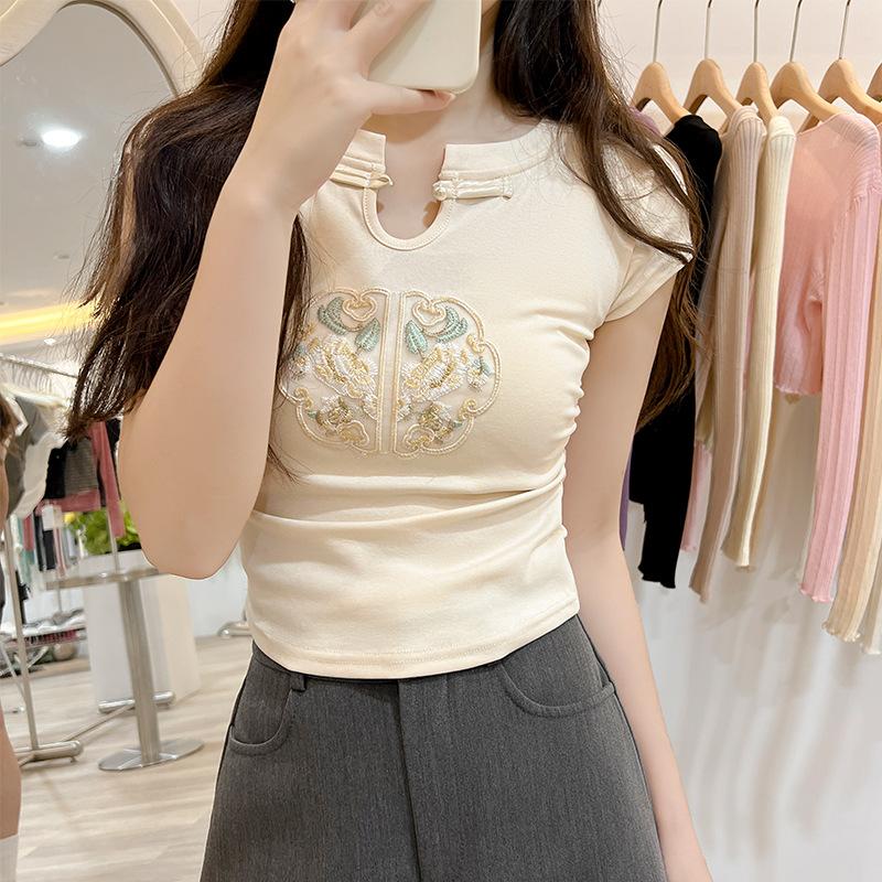 New Chinese Style Chinese Style Short-sleeved Women's New Women's T-shirt Summer Pleated Waist-decorating Top T-shirt