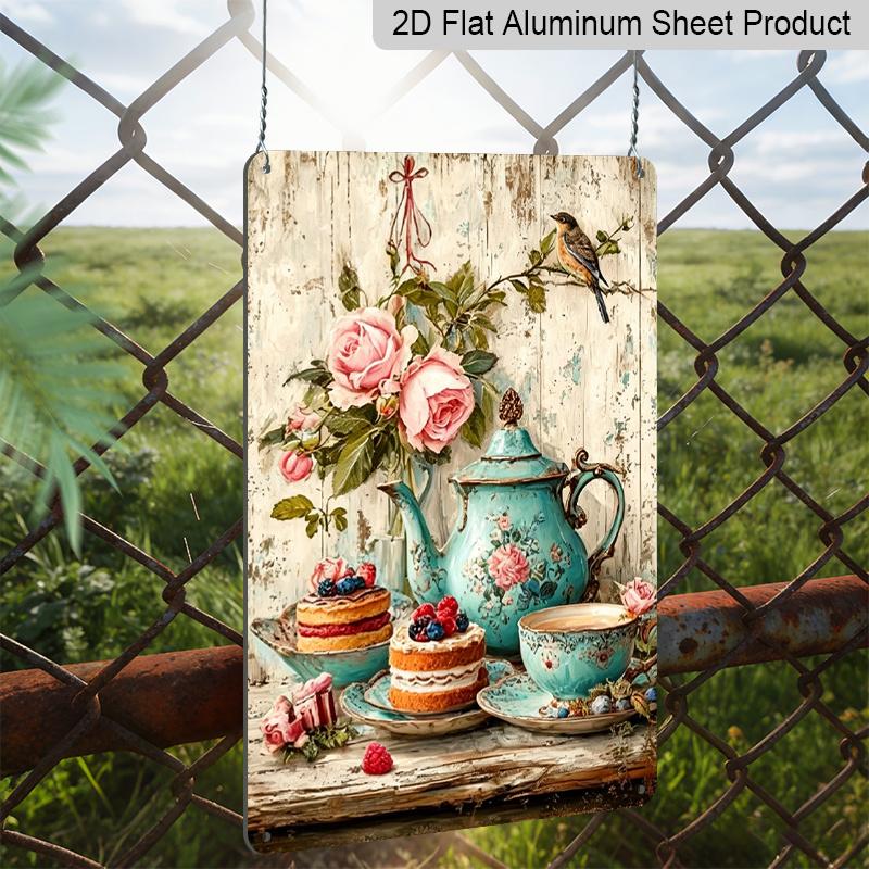 2D Flat, 1pc Vintage Tea Party Metal Sign - 8x12 Inch Rustic Aluminum Decor with Blue Teapot, Cakes Floral Design, Perfect for Living Room, Dining