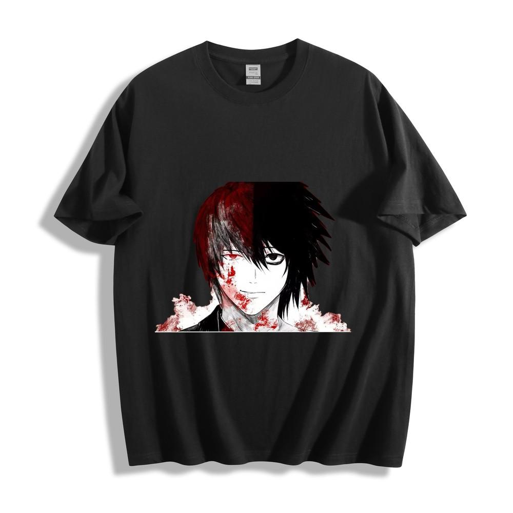 

Death Note Light Yagami T-Shirt - Red and Black Hair Split Design Unisex Tee XL