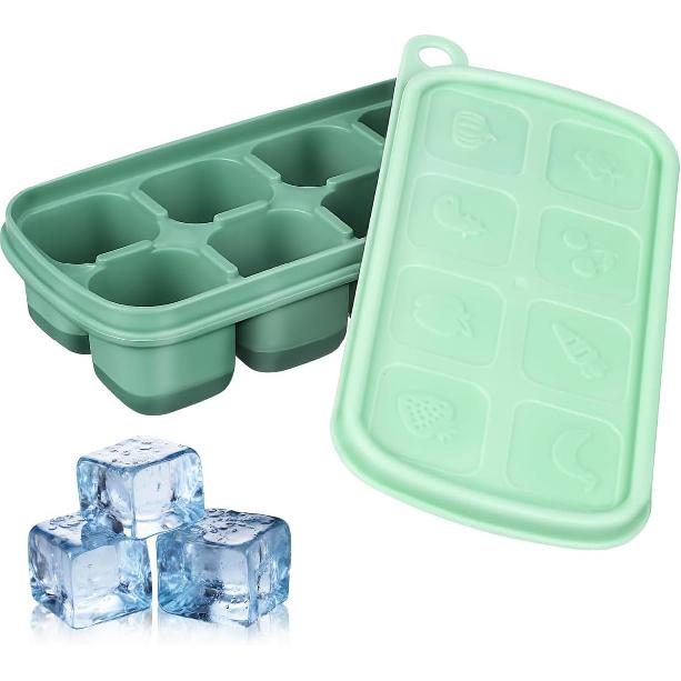 PRETYZOOM Silicone Ice Cube Tray with Lid, Easy Release Freezer Tray for Ice and Food Storage, 8-Cube Green Mold for Freezing Drinks, Juices, and