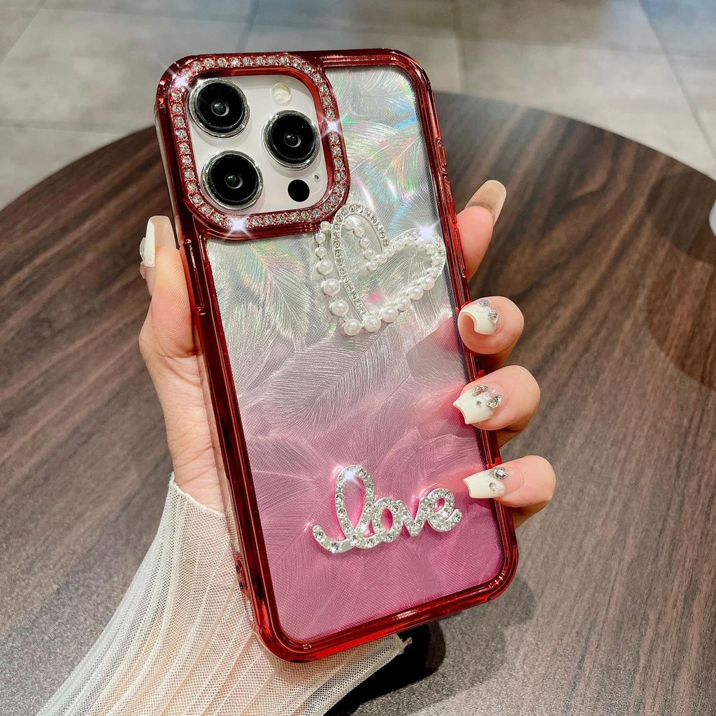 High-end Electroplated Lens with Diamond-encrusted Heart, Suitable for DIY IPhone15Pro Phone Case, Apple 14 Gradient Feather