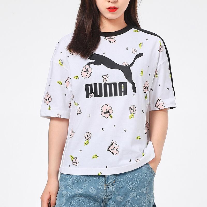 Puma Casual All-Over Print Crew Neck T-Shirt Women Tops White 532043-02