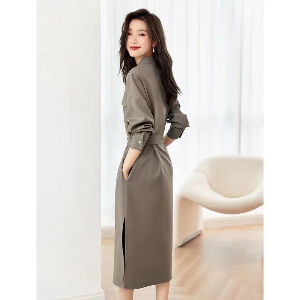 2025 Autumn V-neck Waist-Cinching Slimming Shirt Dress for Women