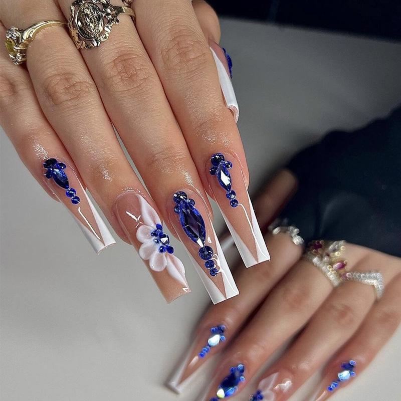 

French Blue Glitter Bow Wearable Removable False Nails Gold-Plated Topcoat