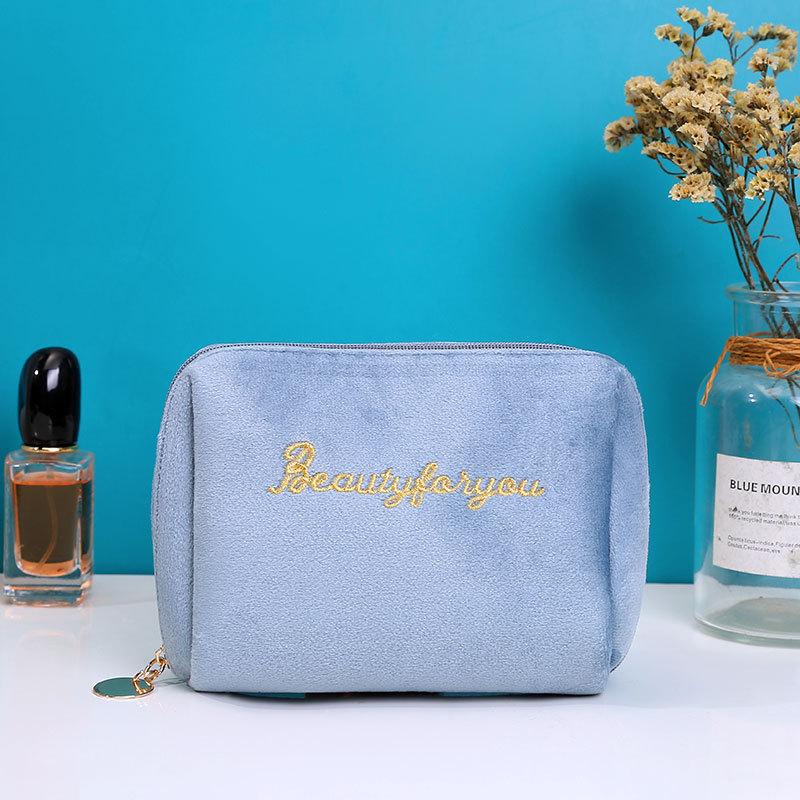 

Women s Cosmetic Bag Zipper Velvet Letter Embroidery Solid Make Up Pouch for Cosmetics Toiletry Case Female Make Up Bags небесно-голубой