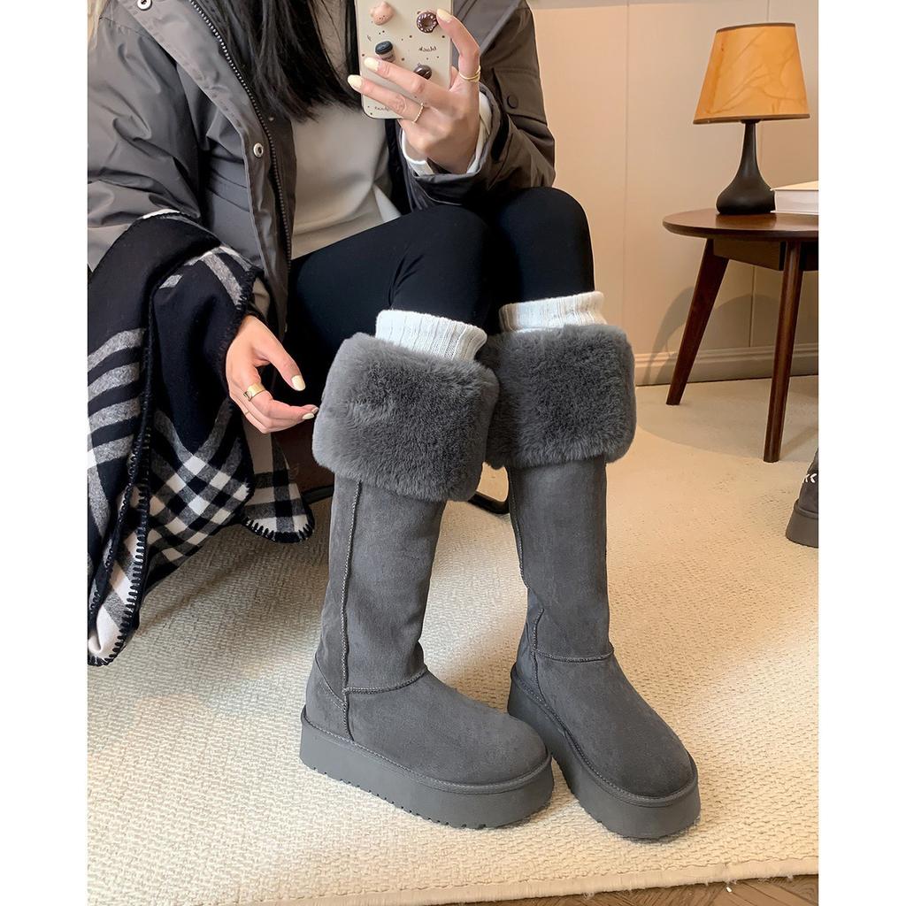 Gray Knee-length Snow Boots for Women, Winter Two Wear Fluffy Plush Thermal Cotton Shoes, Platform Boots