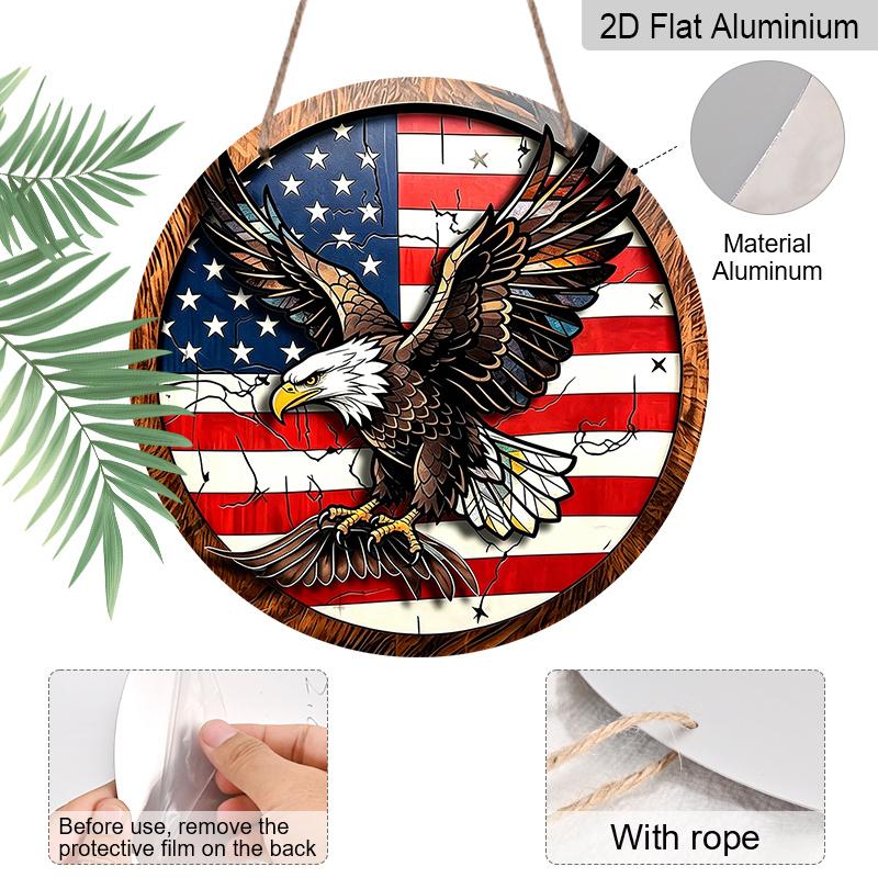 2D Flat Retro Round Aluminum Wall Hanging, Independence Day Flying Eagle Design, Indoor Outdoor Wall Decor, Home Commemorative Gift