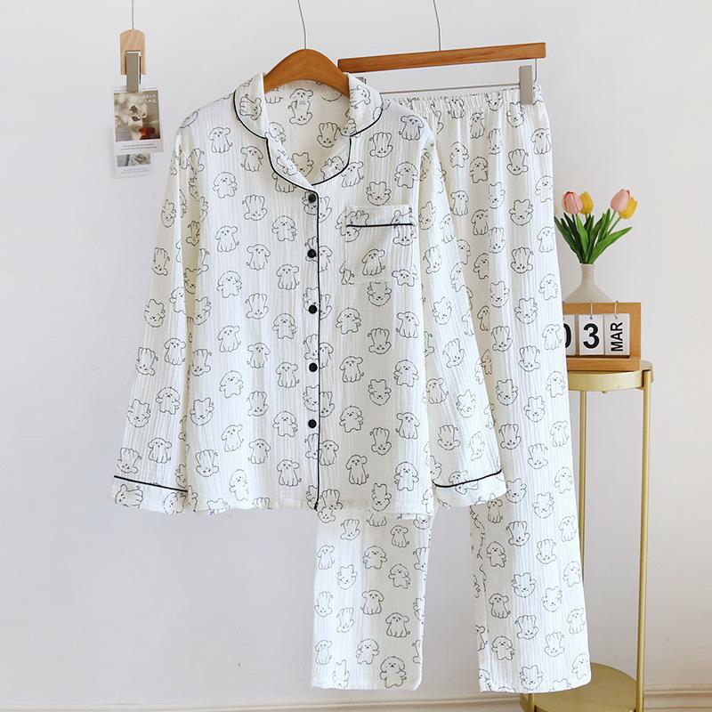 

2025 Новый весенне-осенний женский пижамный комплект из 100% хлопкового крепа, симпатичные брюки с длинными рукавами, два предмета, свободный с принтом, домашний фури XL