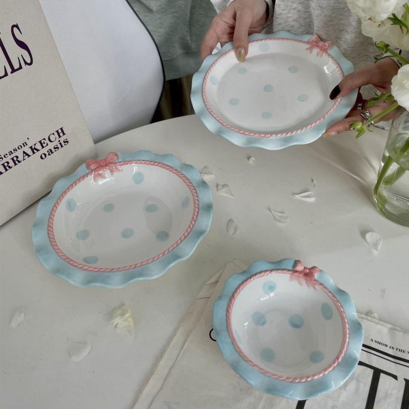 Keramikgeschirr-Set im koreanischen Stil: Punkte Schleife - Niedliche Reisschalen & Tiefe Teller