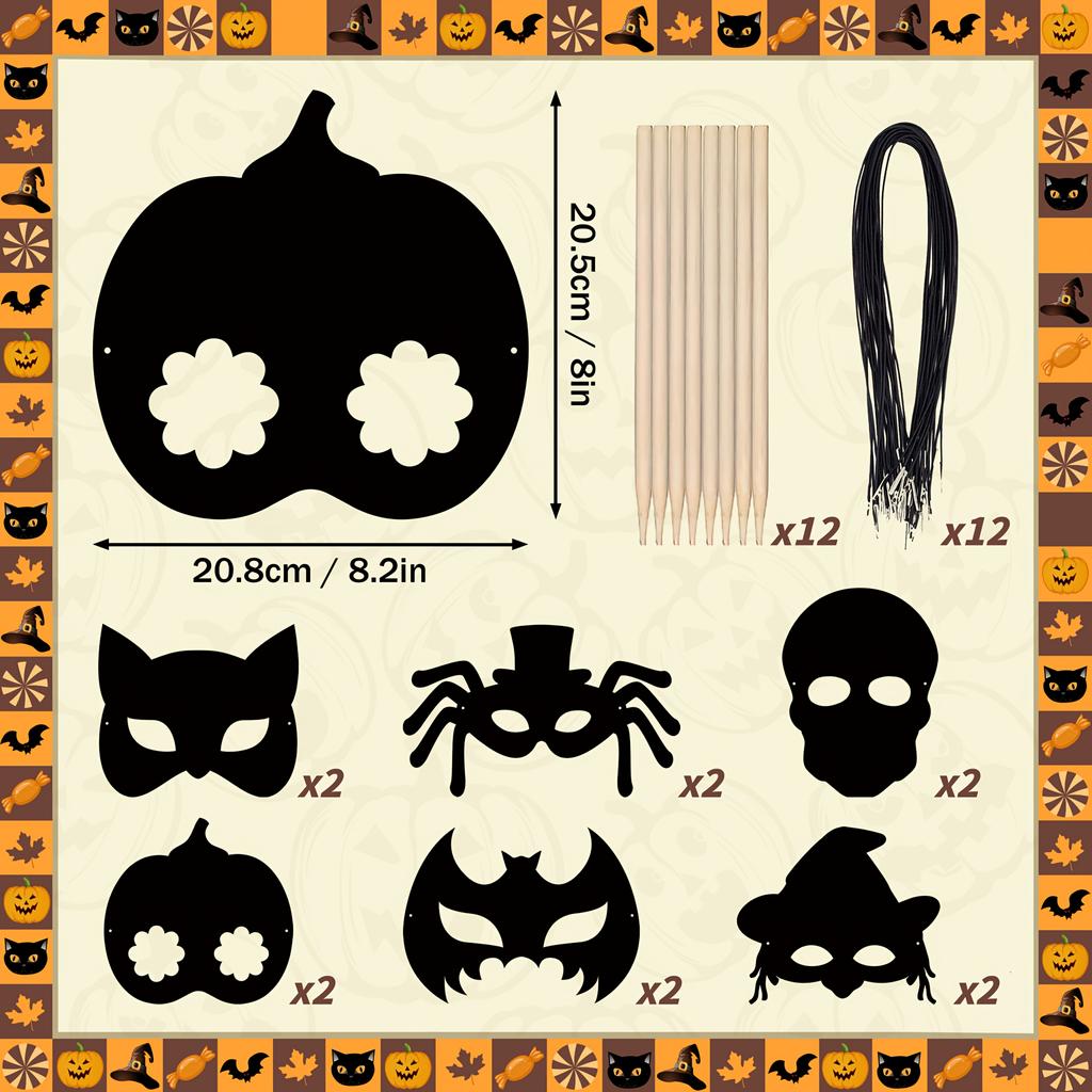 Vintage Halloween Mask Decor DIY Rainbow Scratch Paper Mask Photo Props for Cosplay Halloween Trick or Treat Birthday Party
