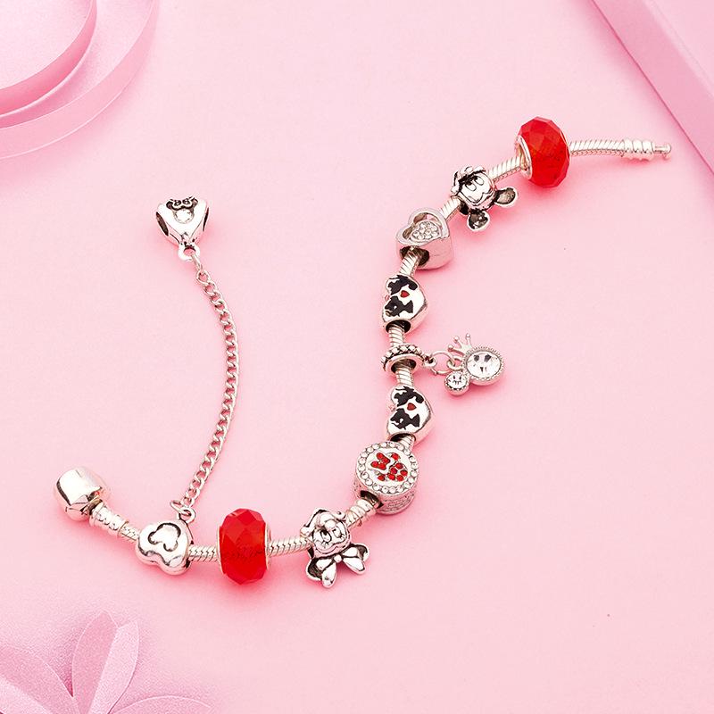 Mickey Minnie Heart-Shaped Drip Oil Bracelet with Red Crystal Charm
