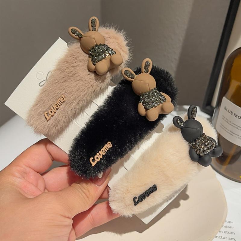 Rabbit Shape Hairpin Lovely Female Rhinestones Bunny Plush Clip Headdress Lolita Hair Barrette Nonslip Hair Clip for