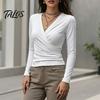 V-Neck Pleated Shirt Cross Long Sleeve Top for Women, Slim Fit Sexy Women Shirts Shirt, Fall Solid Color Casual Blouse Office Work Wear