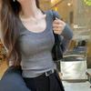 Korean Style U-Neck Ribbed Innerwear Slim-Fit Long/Short Sleeve Women's T-Shirt for Spring/Summer