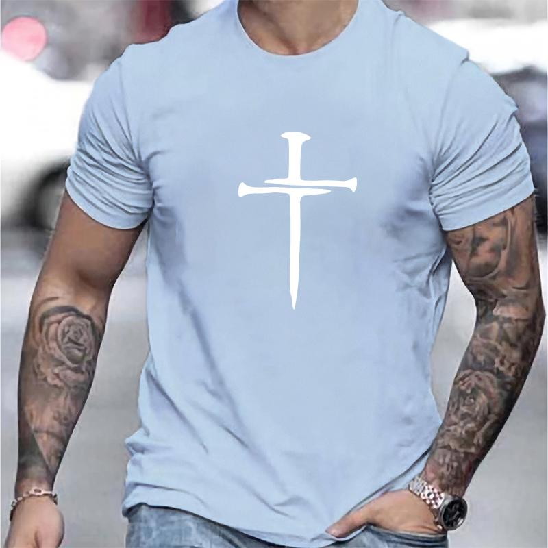Cotton short sleeved men's T-shirt with cross pattern printed on it, men's summer outdoor clothing, daily style, fashionable and