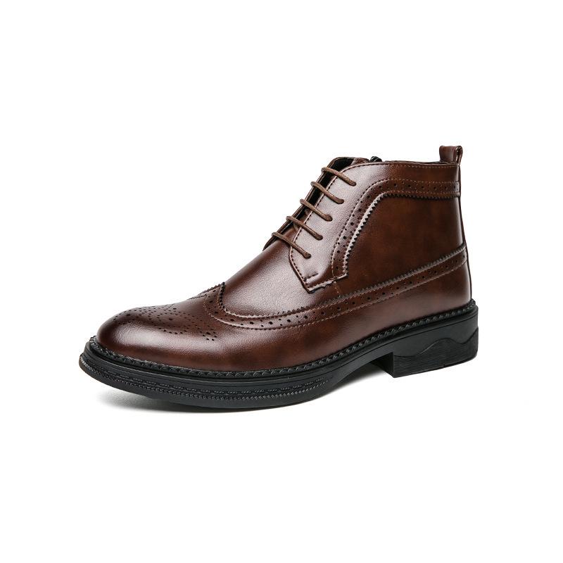 Brogue Martin Men's Autumn Pointed Toe High-Top Leather Chelsea Boots - European & American Mid-Calf Style