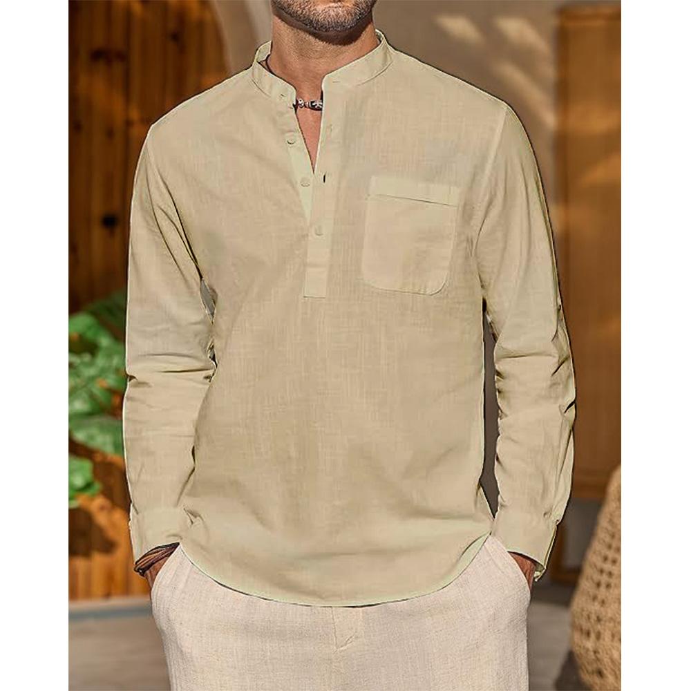 Camicie in cotone e lino per uomo, camicia casual, leggera, a maniche lunghe, con colletto Henley, da spiaggia, maglietta hawaiana da uomo