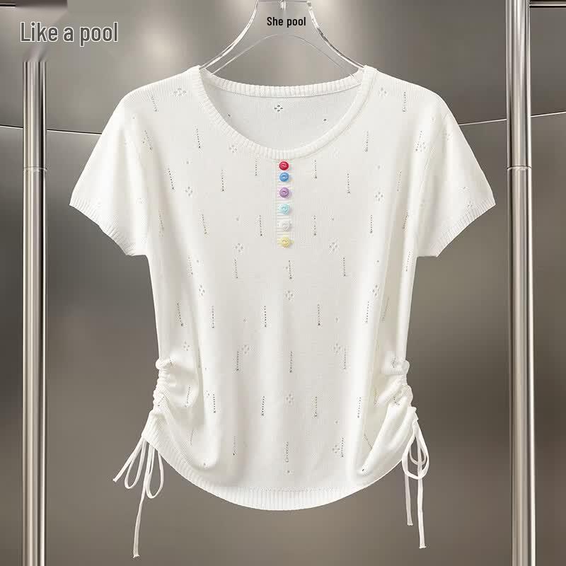 She Pool Women s Drawstring Ice Silk Knit T-Shirt One Size