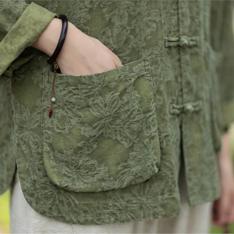 Johnature Women Vintage Jacquard Shirts Tops Stand Long Sleeve Pockets Blouse Autumn Chinese Style Shirts