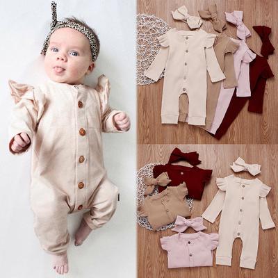 Newborn Infant Baby Boys Girls Long Sleeve Solid Romper Jumpsuit+Headband Sets