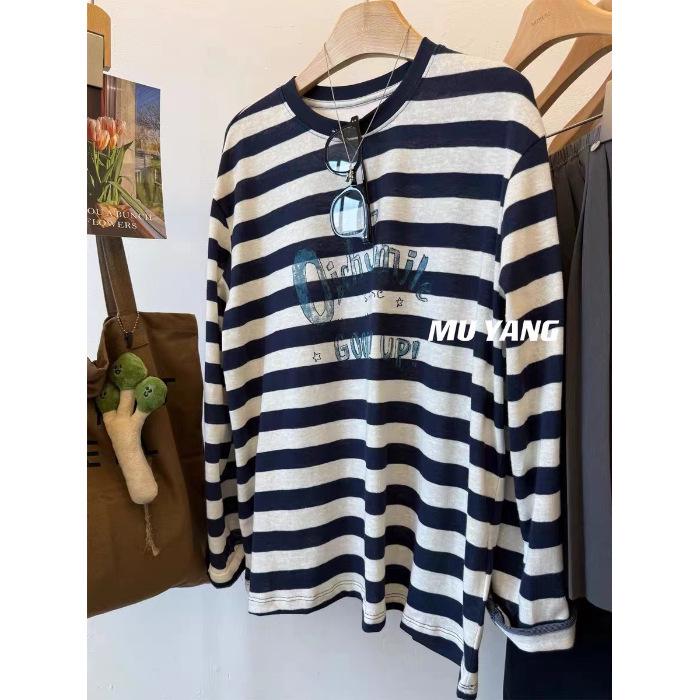 

Plus Size Dark Blue Striped Long Sleeve T-Shirt with English Lettering and Relaxed Fit 4XL (up to 240 jin) темно-синий