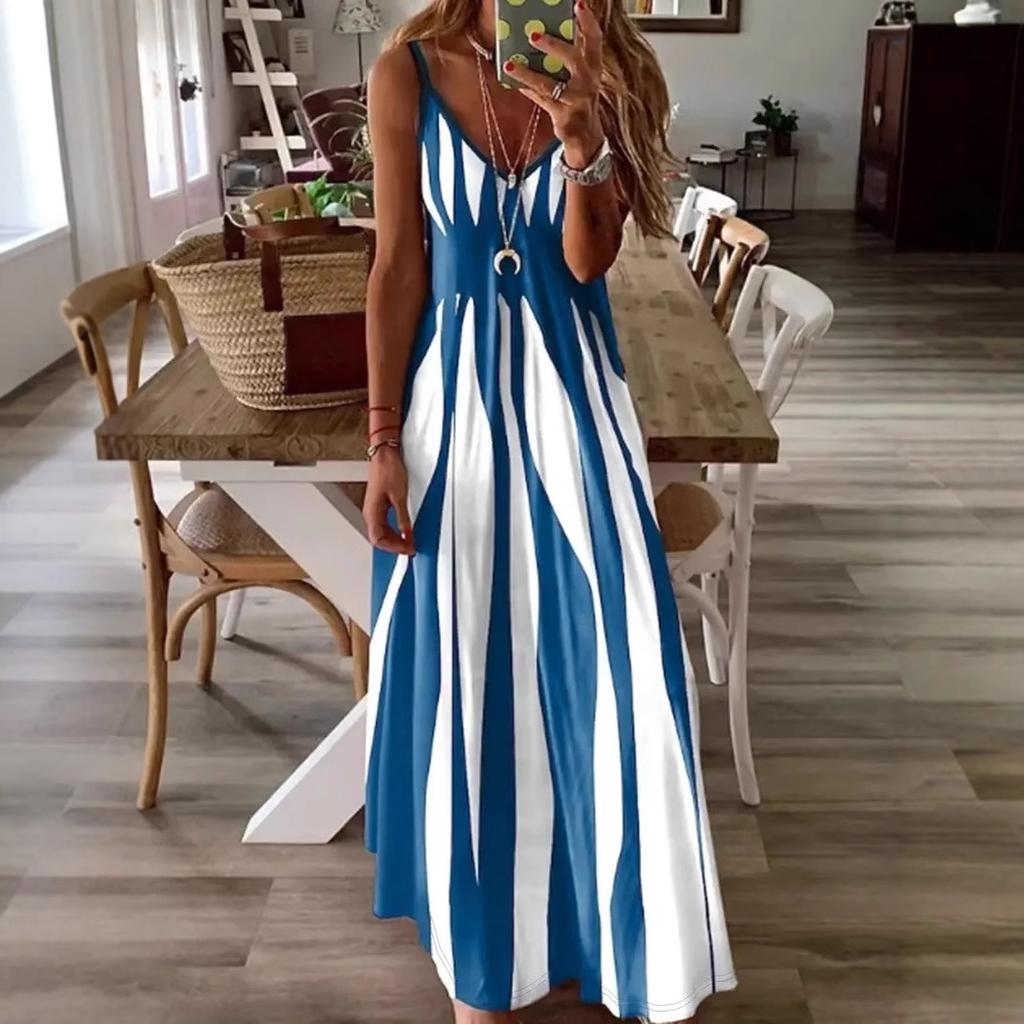 Women Casual Strap V Neck Striped Printed One Piece Dress