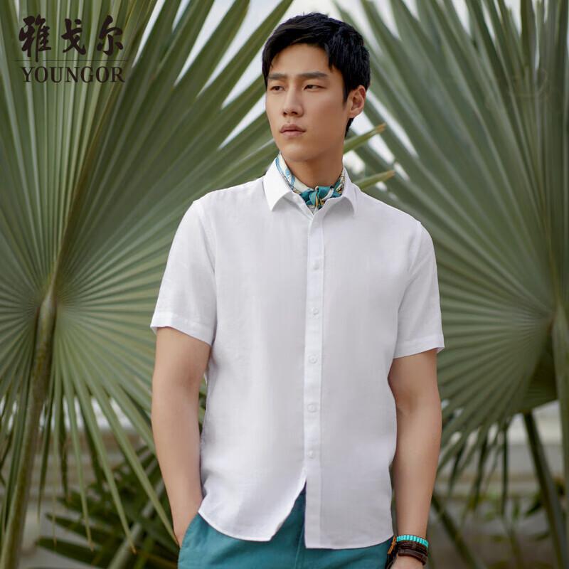 YOUNGOR Men s Summer Business Casual Linen Blend Short Sleeve Shirt 40