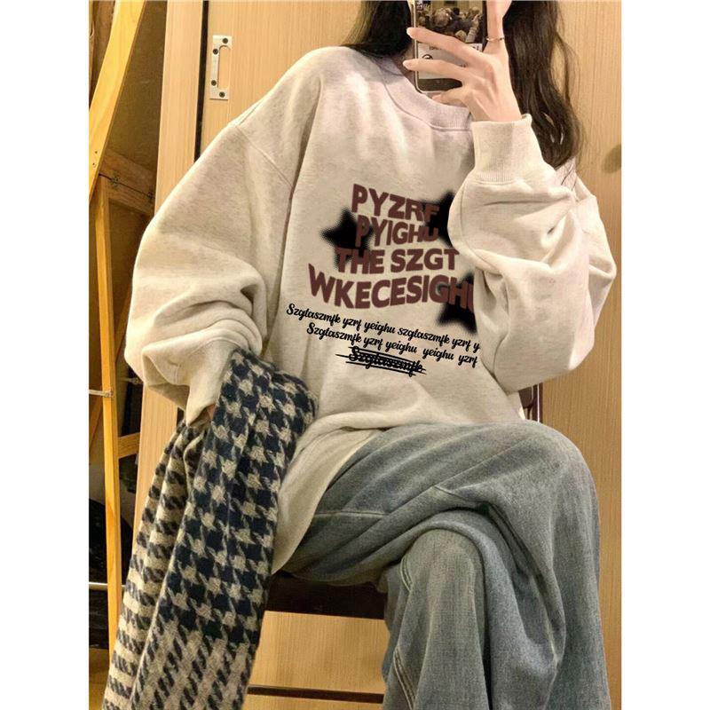 Women's Heavyweight Crewneck Sweatshirt, Petite Fit, Retro Style, Hoodless, White/Gray, Suitable for Spring, Autumn, and Winter.