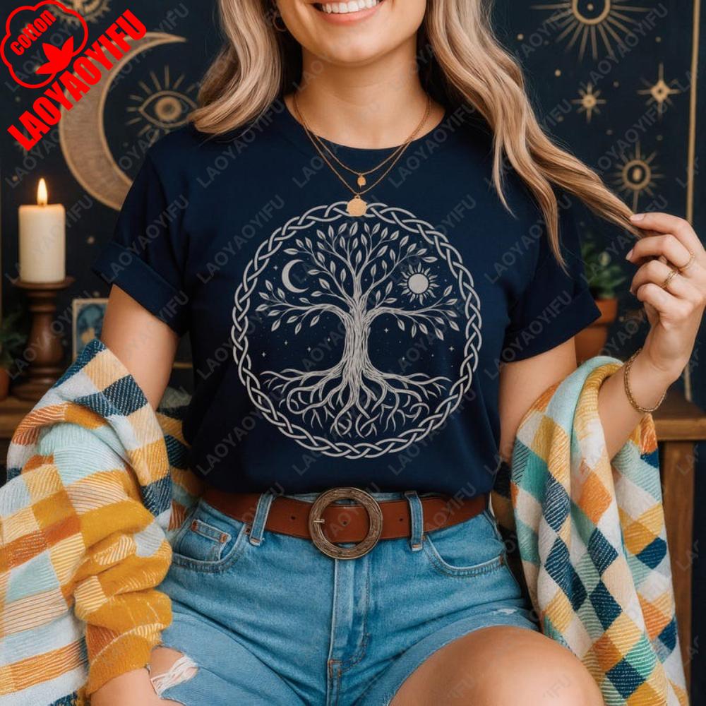 

Tree of Life with Sun Moon Printed T-shirt Tops Spiritual Gift for Nature Lovers Shirt Woman Clothes Man Cotton Streetwear Tops 4XL