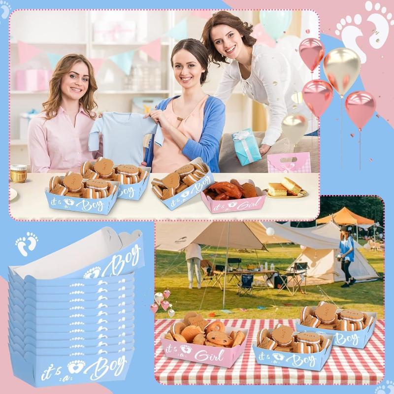 6/12 Adet Cinsiyet Açıklama Kağıt Yiyecek Tepsisi Şeker Kurabiye Atıştırmalık Tutucu Kutusu Mavi Pembe Bir Erkek mi Kız mı Dekorasyon Malzemeleri Bebek Partisi