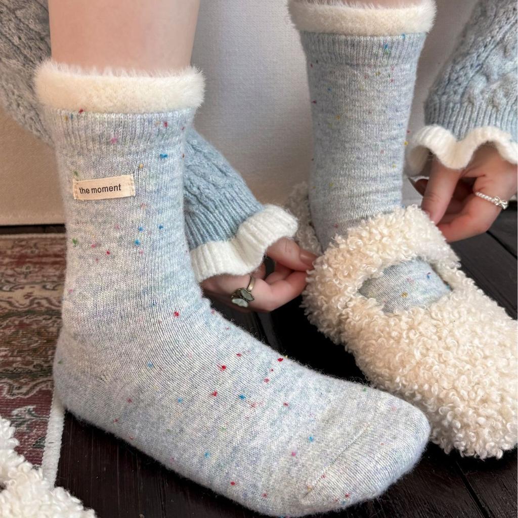 Dot Yarn Wool Socks Children'S Letter Cloth Label Medium Tube Socks Thermal Thickened Plush Stacking Socks