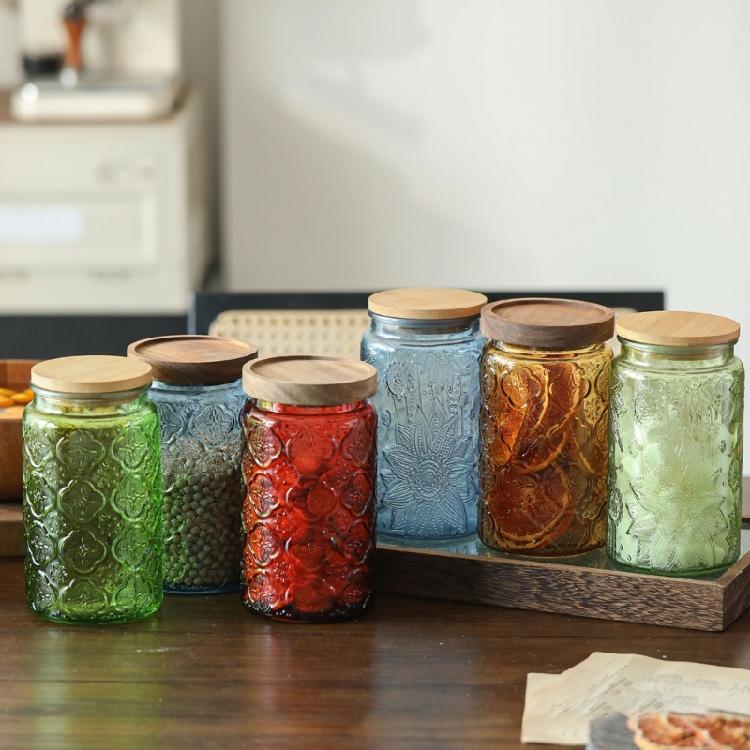 Retro Stijlen Glazen Snoeppot Canister SStorage Container Embossed Luchtdicht Houten Deksel Voor Huisdecoratie