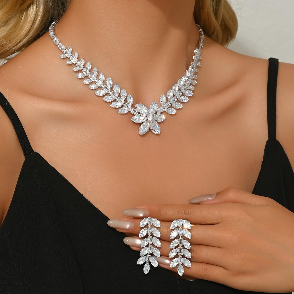 Exaggerated Zircon Wheat Ears Flower Water Drop Earrings Necklace Light Luxury High-End Collarbone Chain Fashion Jewelry Set