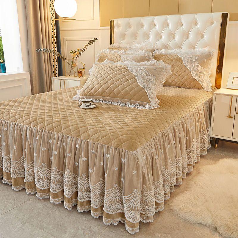 3ks Zesílená podzimní a zimní krajková volánová sukně na postel, Sametová krajková přehoz na postel, Měkká a pohodlná, Ložní prádlo do ložnice a pokoje pro hosty