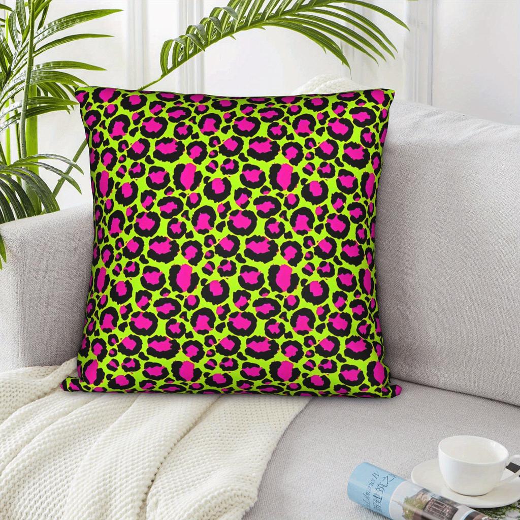 1Pc Vibrant Neon Green & Pink Leopard Print Decorative Pillow Cover - Cozy Polyester, Zipper Closure, Machine Washable For Livin