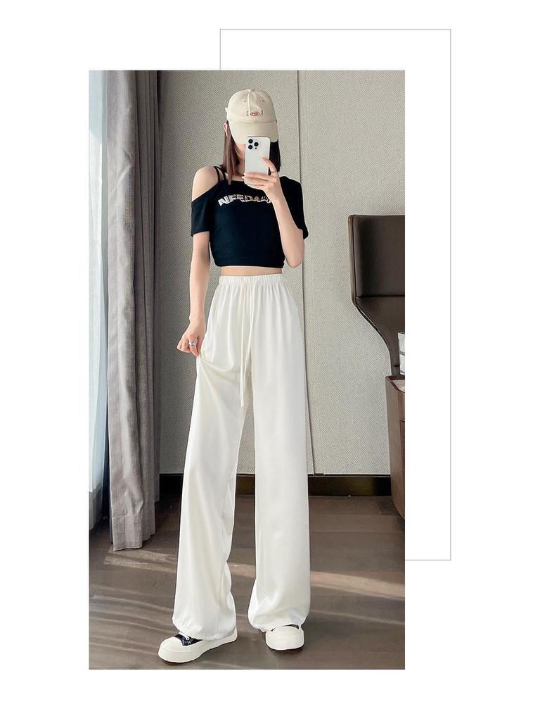 Women's Satin High-Waisted Acetate Wide-Leg Pants - Sun Protection Cool Ice Silk Drape for Short People