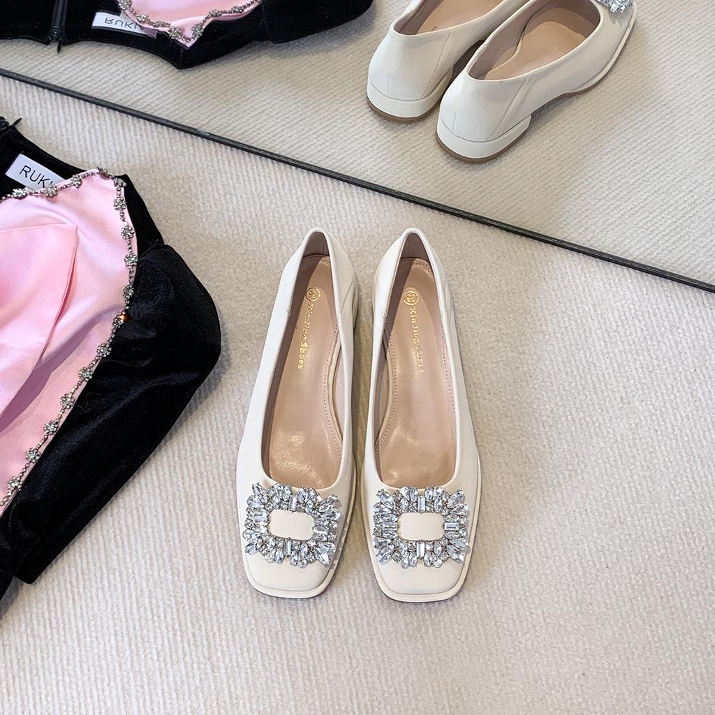 608-3 Classic Square Buckle Small Square Head Shallow Mouth Flat Shoes Autumn and Winter New Rhinestone Low Heel Commuting Single Shoes Women's Shoes