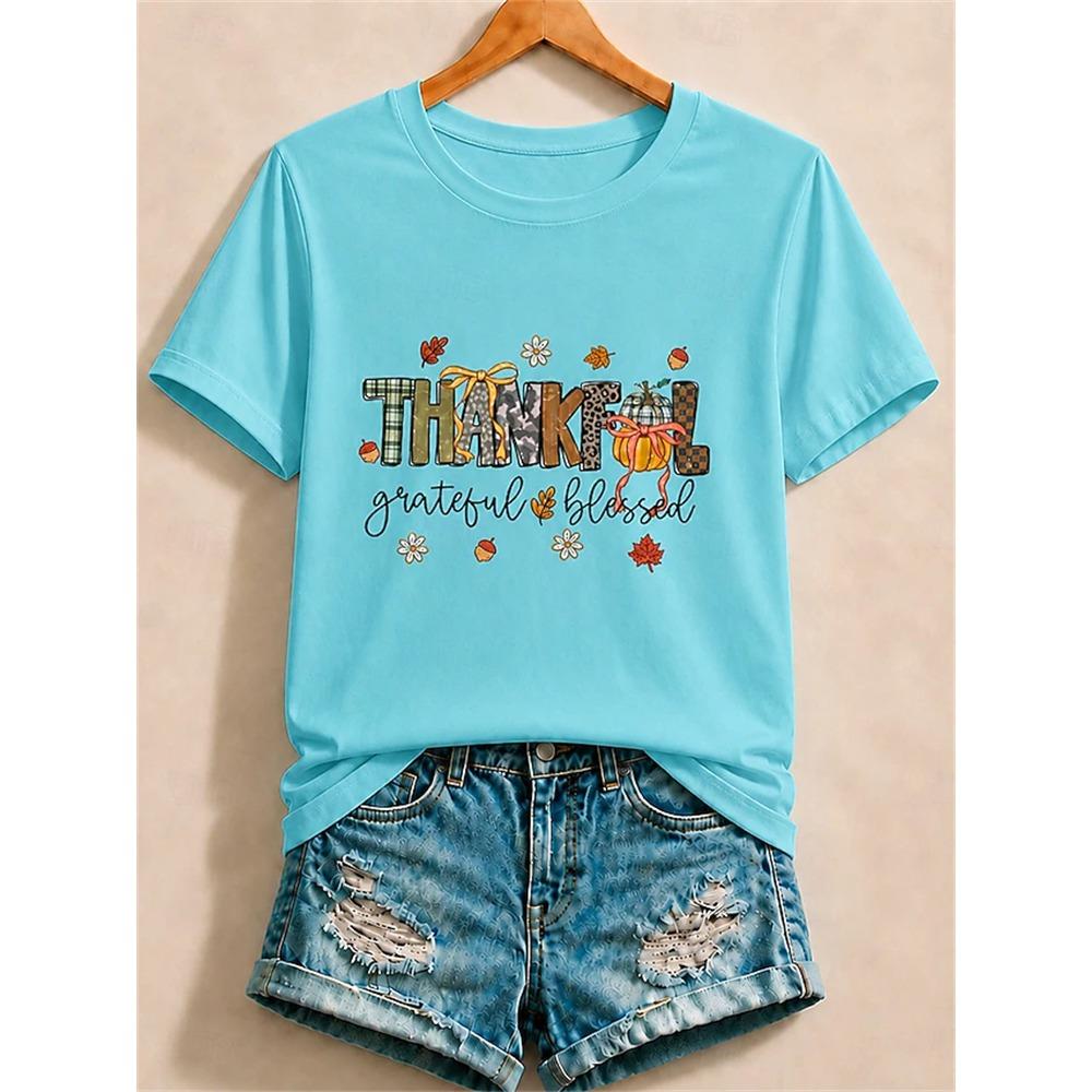 Women's Summer Fashion Short-Sleeve Round-Neck Solid-Color Floral Print