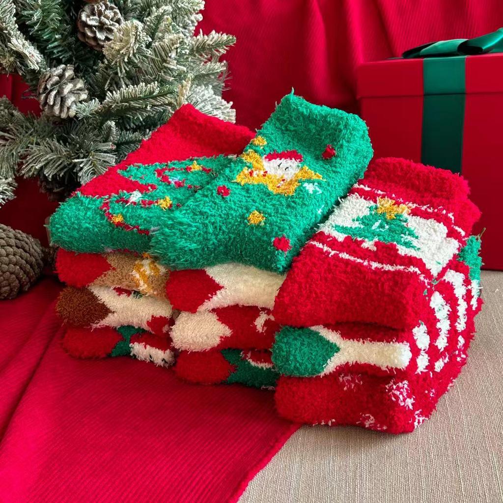 Women's Plush Coral Fleece Mid-Calf Socks - Cute Cartoon Christmas Fuzzy Sleep Socks for Autumn and Winter