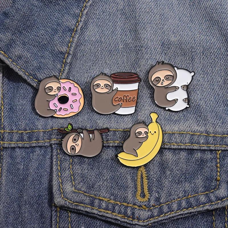 Lazy Cute Sloth Enamel Pin Cartoon Coffee Donut Banana Pillow Lapel Brooch Backpack Clothes Badge Decorative Metal Jewelry Gifts
