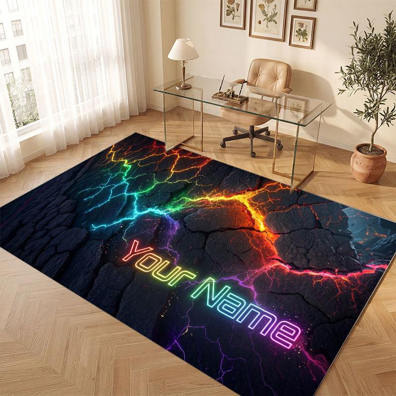 City Cyberpunk Theme Crystal Velvet Floor Rug Personalized Custom Name Text Warm Carpet Home Decoration