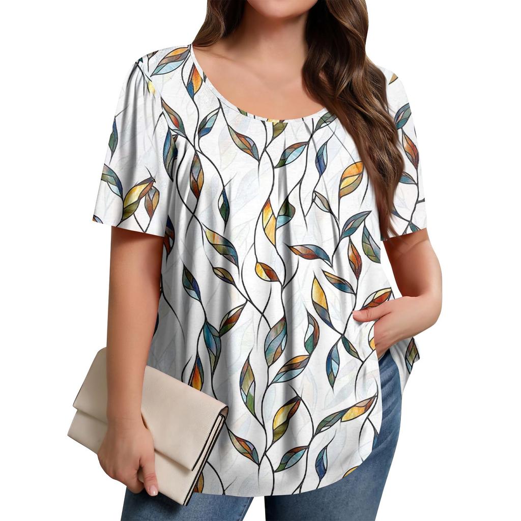 Plus Size Women's Casual Round Neck Pleated Short Sleeve Color Top