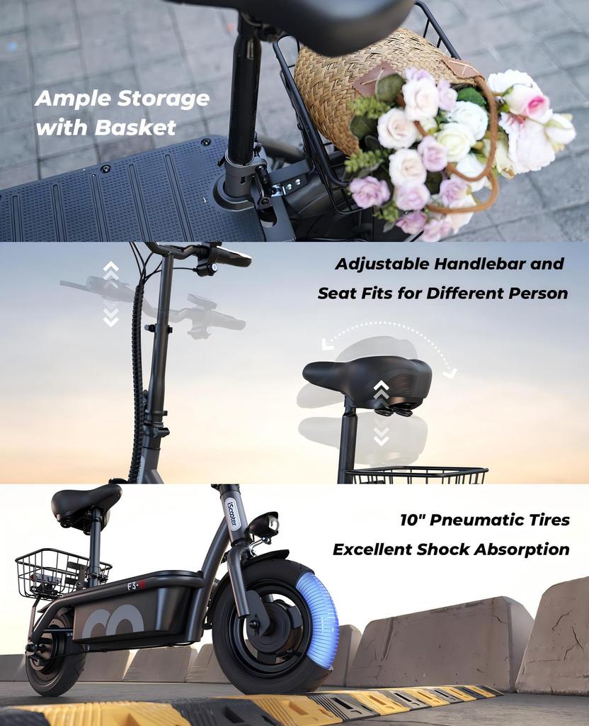 קורקינט חשמלי מתקפל עם מושב iScooter F3 מנוע 1000W סוללה 48V13Ah מהירות מקסימלית 45 קמ"ש טווח מקסימלי 60 ק"מ