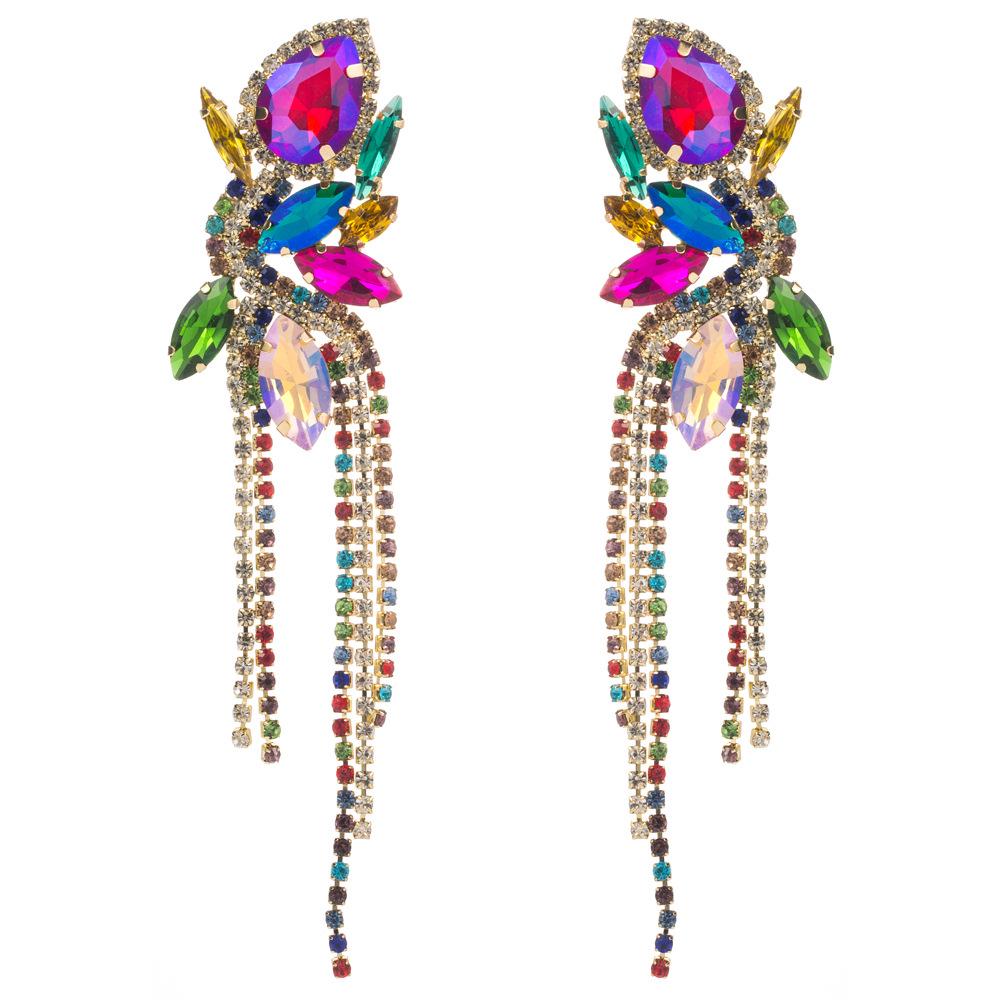 

Exquisite Floral Tassel Earrings with Colorful Diamonds and Claw Chain Design
